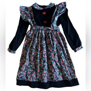 VTG Retro Prairie Girls Dress Size 6 Floral Cotton Velvet Ribbon Roses USA-Made